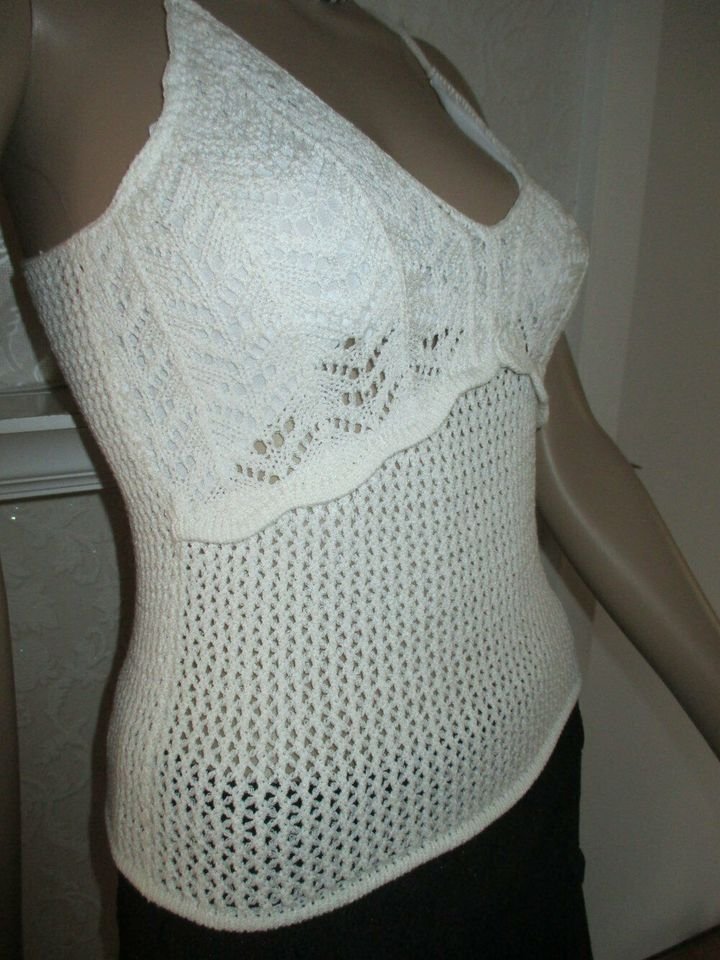 NEU * DESIGNER * Off Shoulder * Bodycon * Strech * Häckel * Grobstrick * Spaghetti- Träger * Corp Top * Pullover * Gr. 34- 36/ XS- S * weiß *