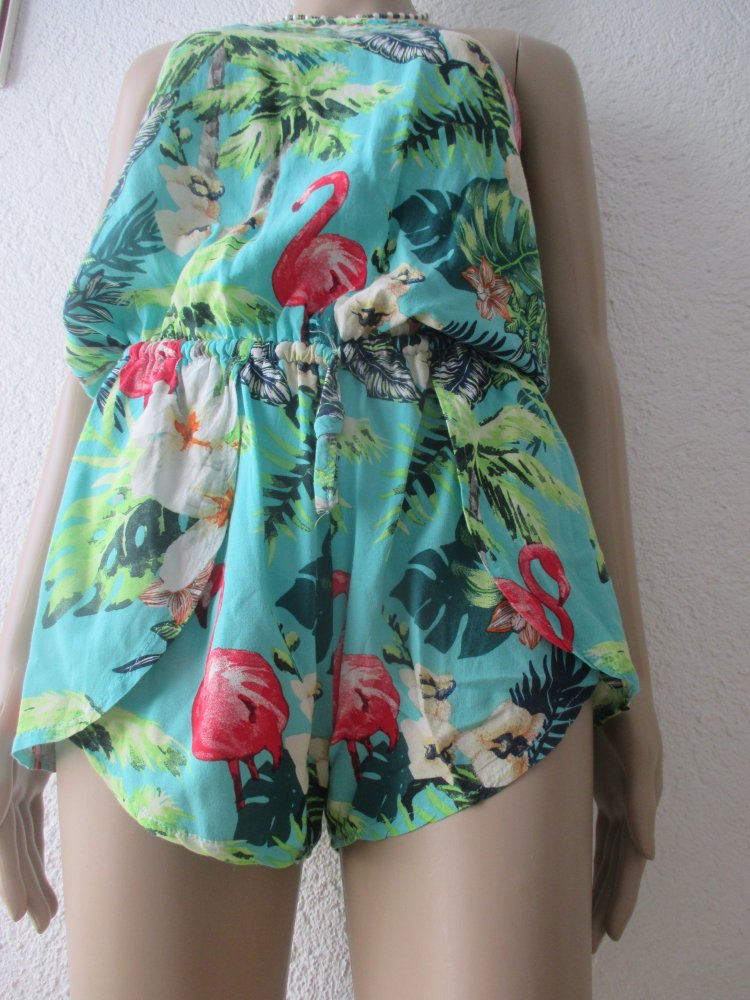 NEU * Hawai * Blumen * Blüten * Flower * Flamingos * Kurz * Short * Off Shoulder * Schulterfrei * Carmen * Bustier * Einteiler * Anzug * Overall * Jumpsuit * Gr. 36- 38/ S * smaragd- grün * bunt *