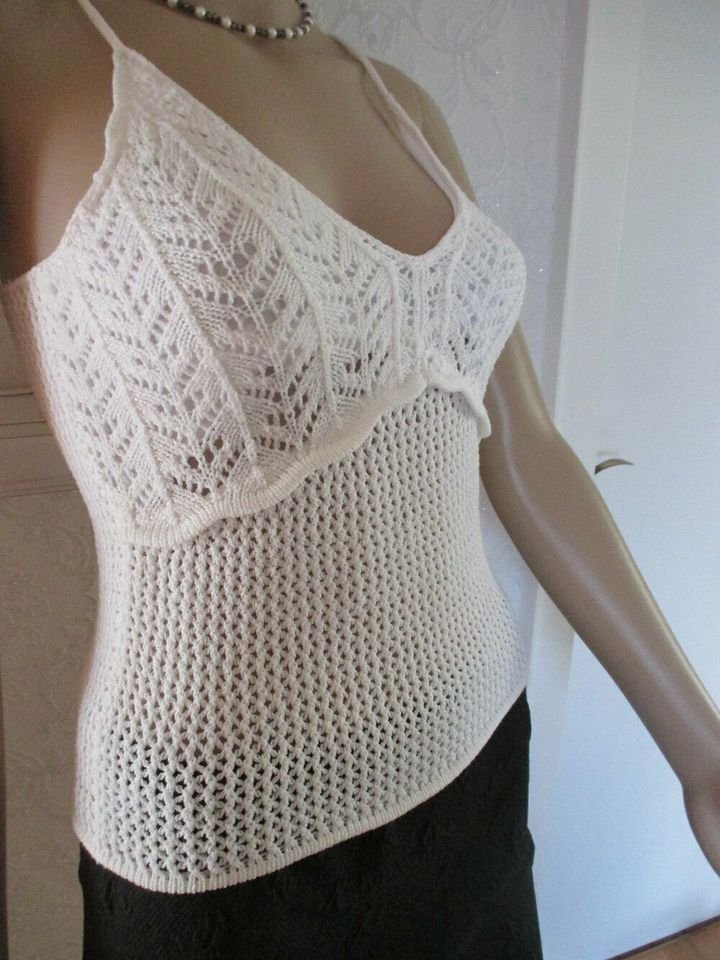 NEU * DESIGNER * Off Shoulder * Bodycon * Strech * Häckel * Grobstrick * Spaghetti- Träger * Corp Top * Pullover * Gr. 34- 36/ XS- S * weiß *