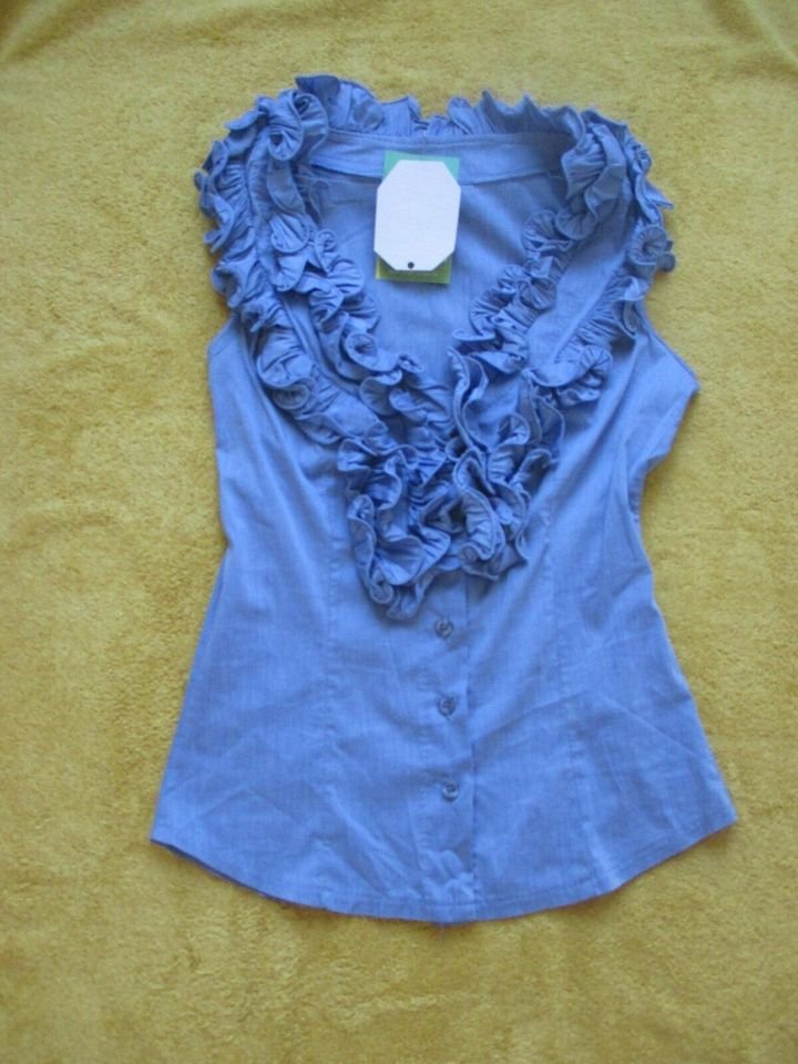  NEU mit ETIKETT * Edel * opulent * Romantik * Rüschen- Volant * Ärmellos * Kurzarm * DESIGNER * Bluse Gr. 34/ XS * hell- himmel- blau *