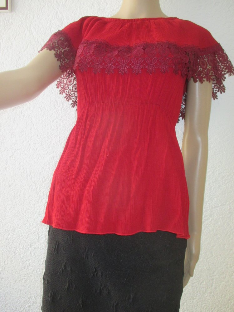 NEU * DESIGNER * Blumen * Blüten * Flower * Lace- Spitze * Crinkel * Knitter * Off Shoulder * Carmen * Bluse * Tunika * Gr. 34, 36- 38/ XS- S * dunkel- wein- bordeaux- rot *