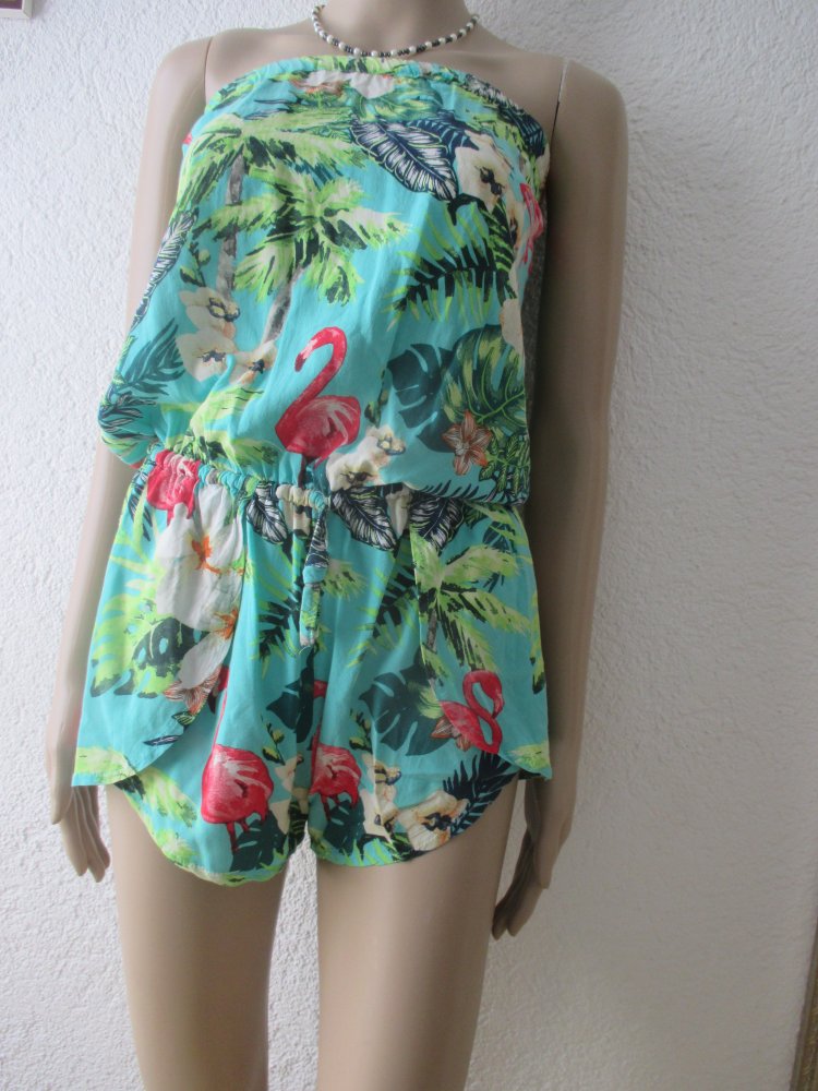 NEU * Hawai * Blumen * Blüten * Flower * Flamingos * Kurz * Short * Off Shoulder * Schulterfrei * Carmen * Bustier * Einteiler * Anzug * Overall * Jumpsuit * Gr. 36- 38/ S * smaragd- grün * bunt *