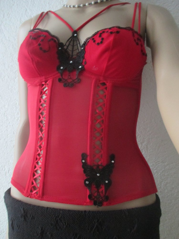 NEU mit ETIKETT * Swarovski * Strass- Kristalle * Schmetterling * Butterfly * Applikationen * Mesh * Träger * Bügel- Bustier * Mieder * Corsage * Korsett * Gr. 34- 36/ XS- S * 70A * rot * schwarz *