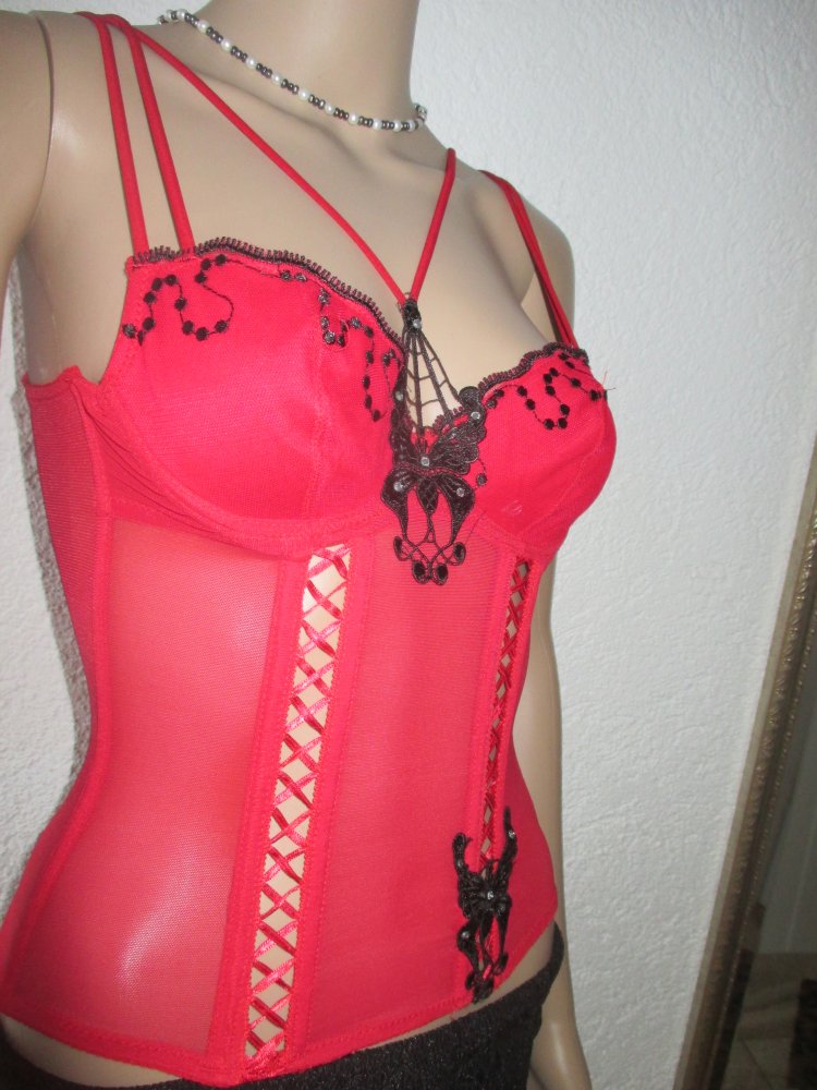 NEU mit ETIKETT * Swarovski * Strass- Kristalle * Schmetterling * Butterfly * Applikationen * Mesh * Träger * Bügel- Bustier * Mieder * Corsage * Korsett * Gr. 34- 36/ XS- S * 70A * rot * schwarz *