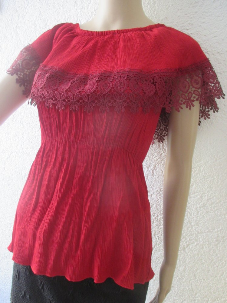 NEU * DESIGNER * Blumen * Blüten * Flower * Lace- Spitze * Crinkel * Knitter * Off Shoulder * Carmen * Bluse * Tunika * Gr. 34, 36- 38/ XS- S * dunkel- wein- bordeaux- rot *