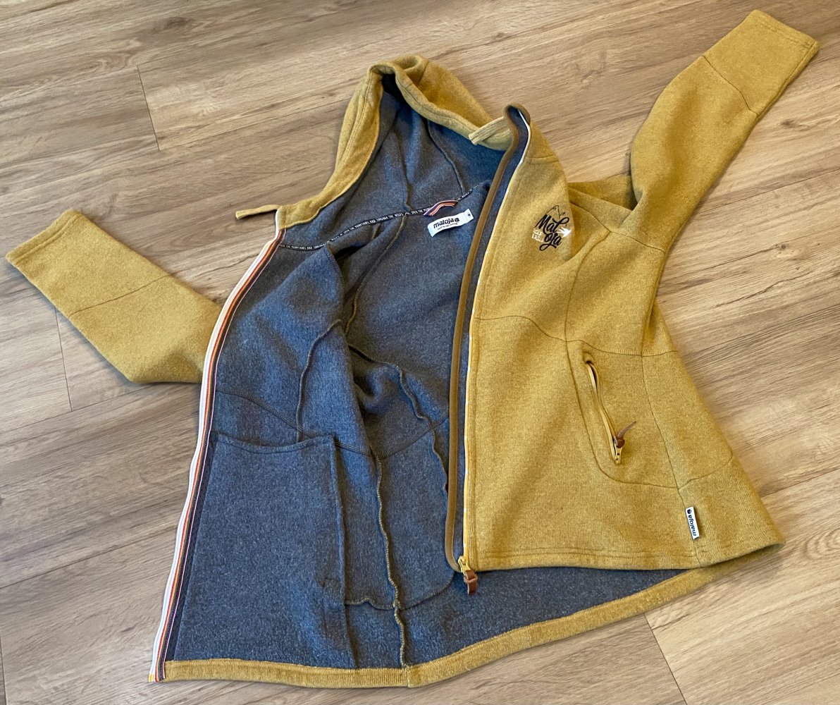 Damen Jacke Wolle Kapuzenjacke Hoodie mit Reißverschluss Gr.S Senfgelb Maloja NW