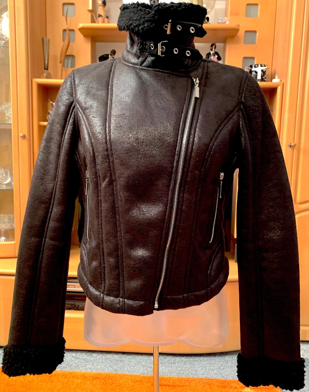 Damen Jacke Bikerjacke Lederimitat & Teddyfell Gr.S Schwarz NW
