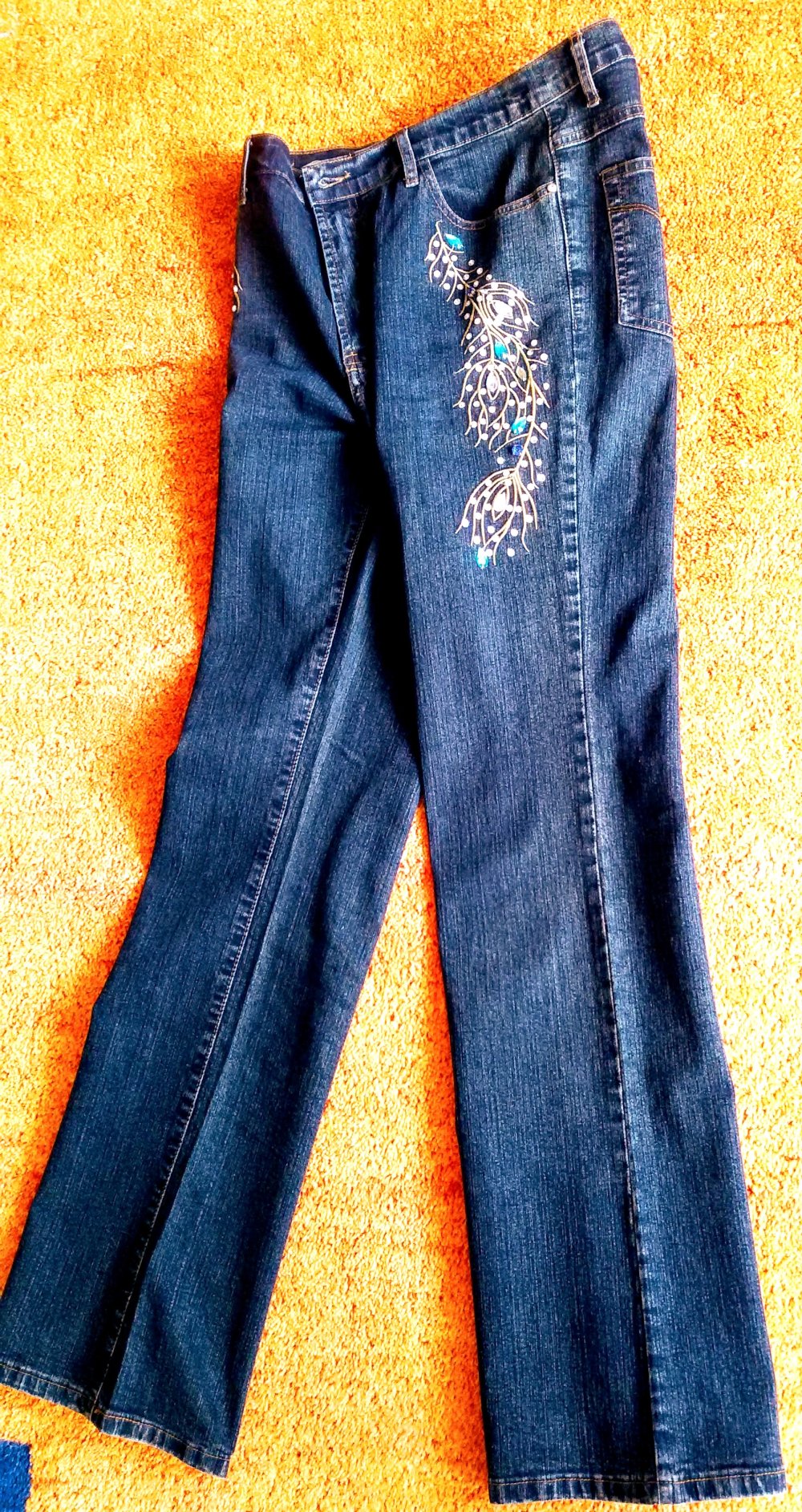 Damen Hose Stretch Jeans Strass-Steinen Gr.38 in Blau von RE & X