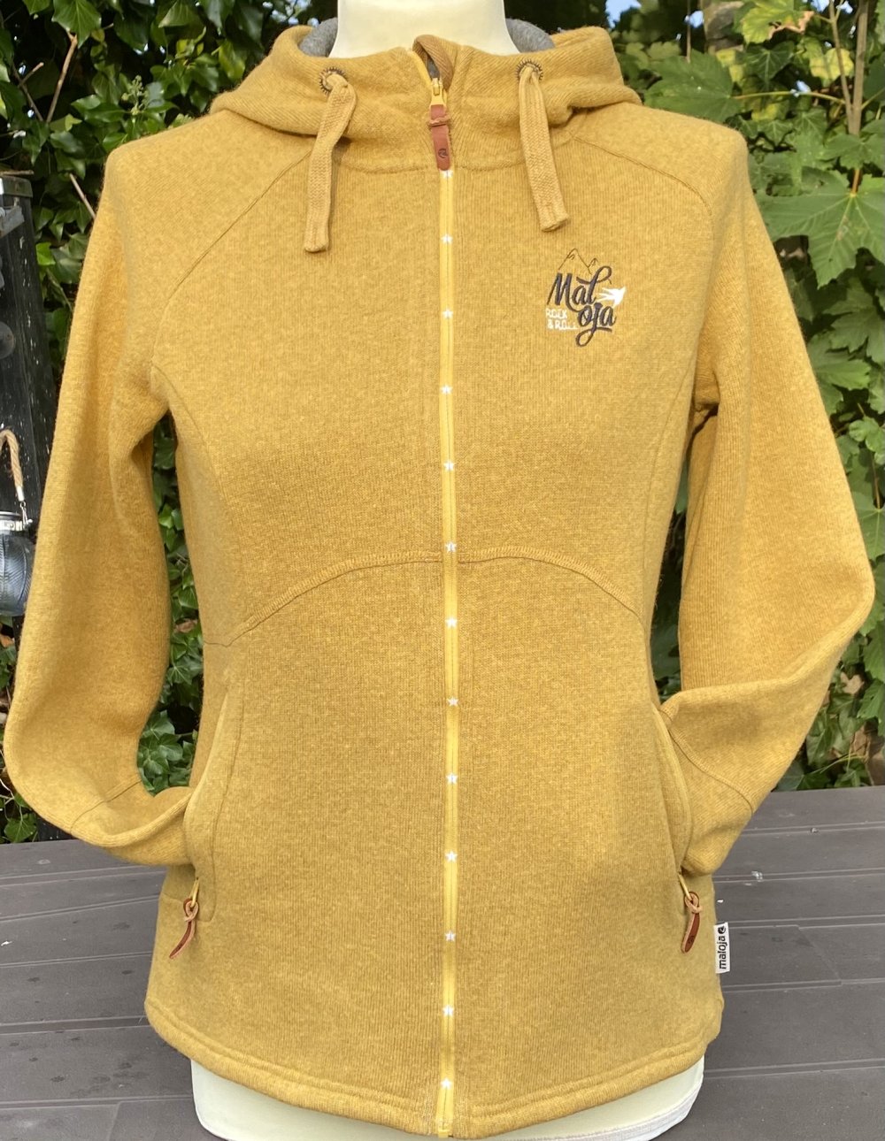 Damen Jacke Wolle Kapuzenjacke Hoodie mit Reißverschluss Gr.S Senfgelb Maloja NW