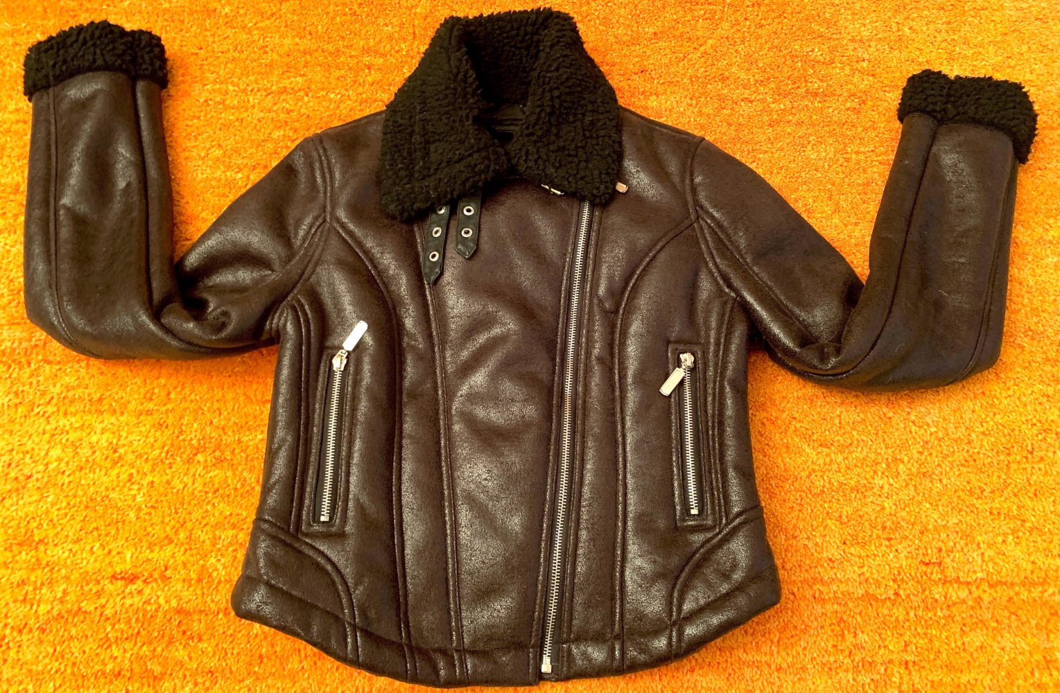 Damen Jacke Bikerjacke Lederimitat & Teddyfell Gr.S Schwarz NW