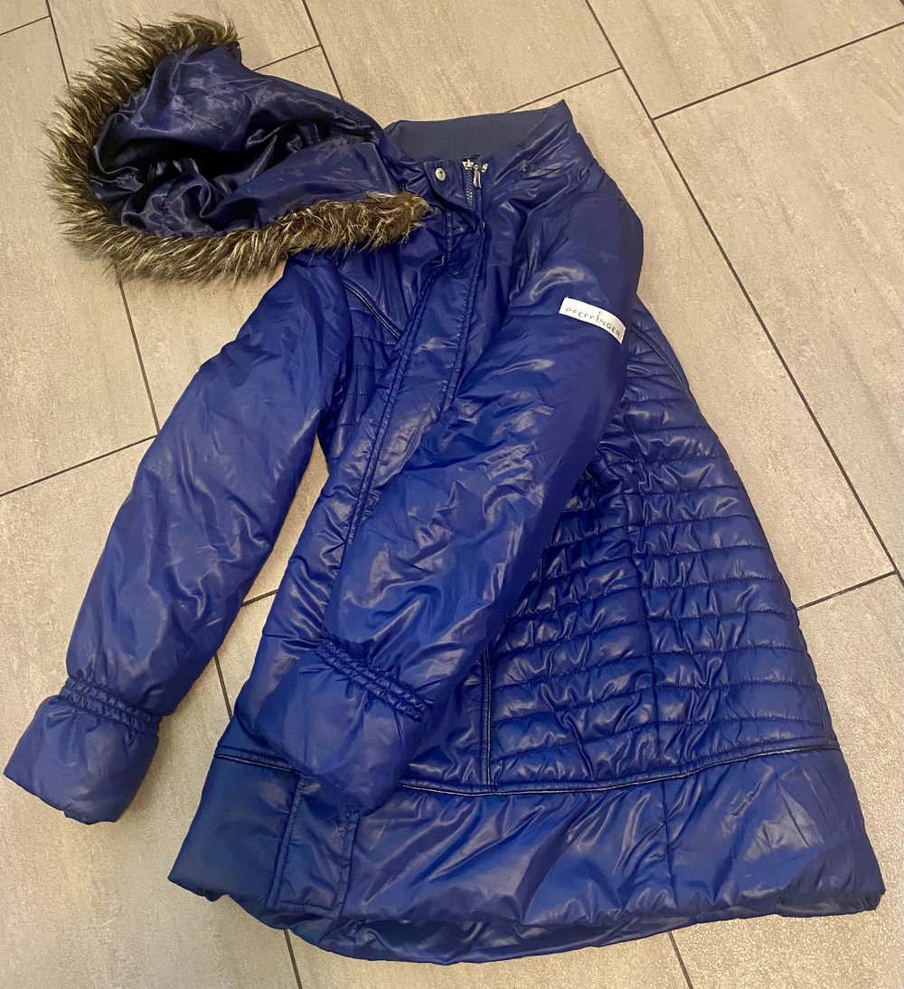 Damen Jacke Winter Steppmantel Gr.38 in Blau von Pfeffinger abnehmbare Kapuze mit Fellbesatz 