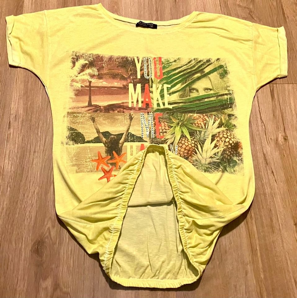 Damen Shirt mit Print & Glitzer Gr.S in Gelb von Blind Date mit Kimonoärmeln 