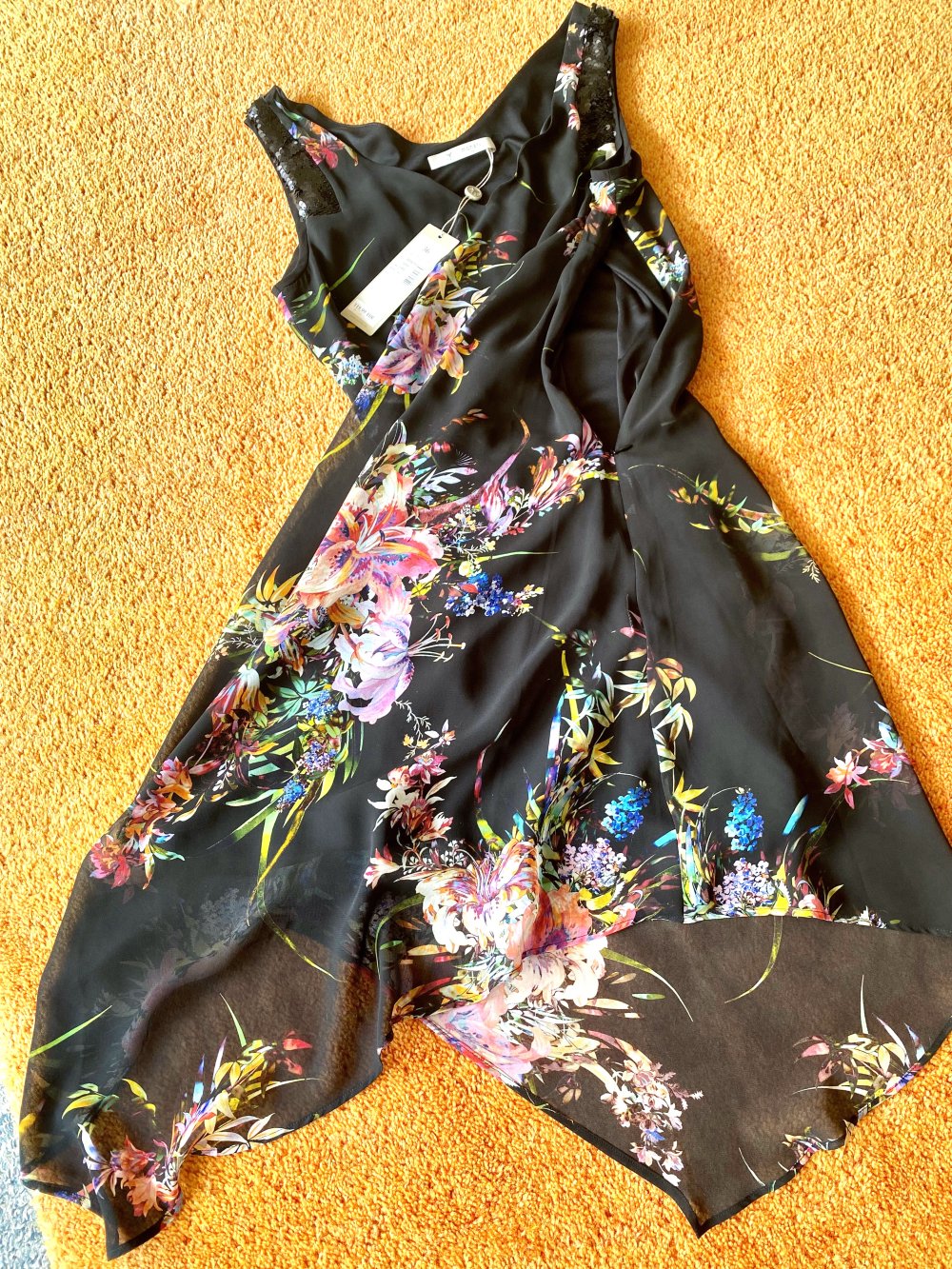 NEU Damen Sommerkleid mit Trägern Gr.36 Zipfelig Schwarz/Bunt von Monari P.119,99€ 