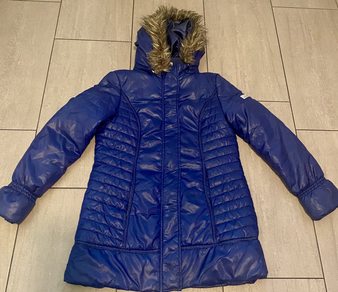 Damen Jacke Winter Steppmantel Gr.38 in Blau von Pfeffinger abnehmbare Kapuze mit Fellbesatz 