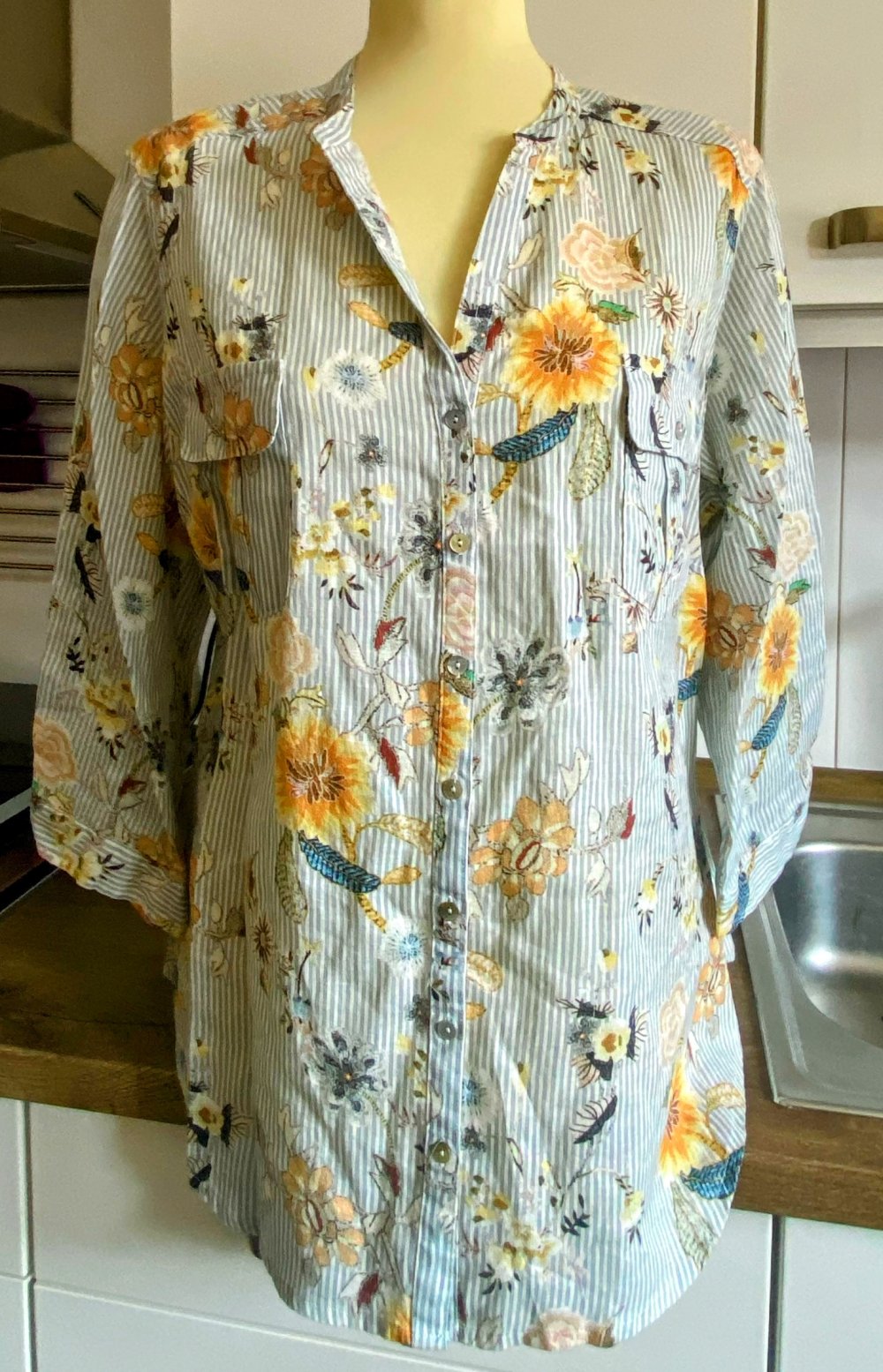 NEU Damen Bluse Leinen Hemd Gr.44 bunt geblümt Open End 