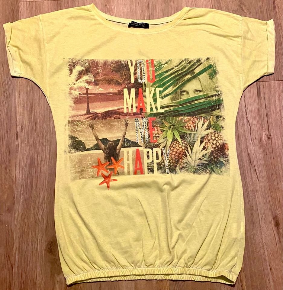 Damen Shirt mit Print & Glitzer Gr.S in Gelb von Blind Date mit Kimonoärmeln 