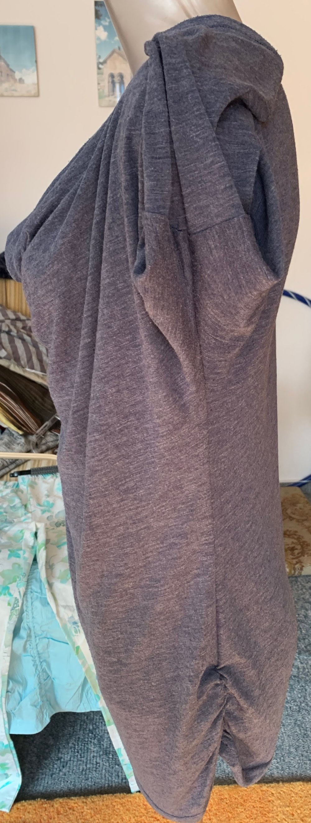 Damen Tunika Jersey Shirt Gr.M mit Wasserfallkragen & Fledermausärmeln Blaugrau von Fresh Made 