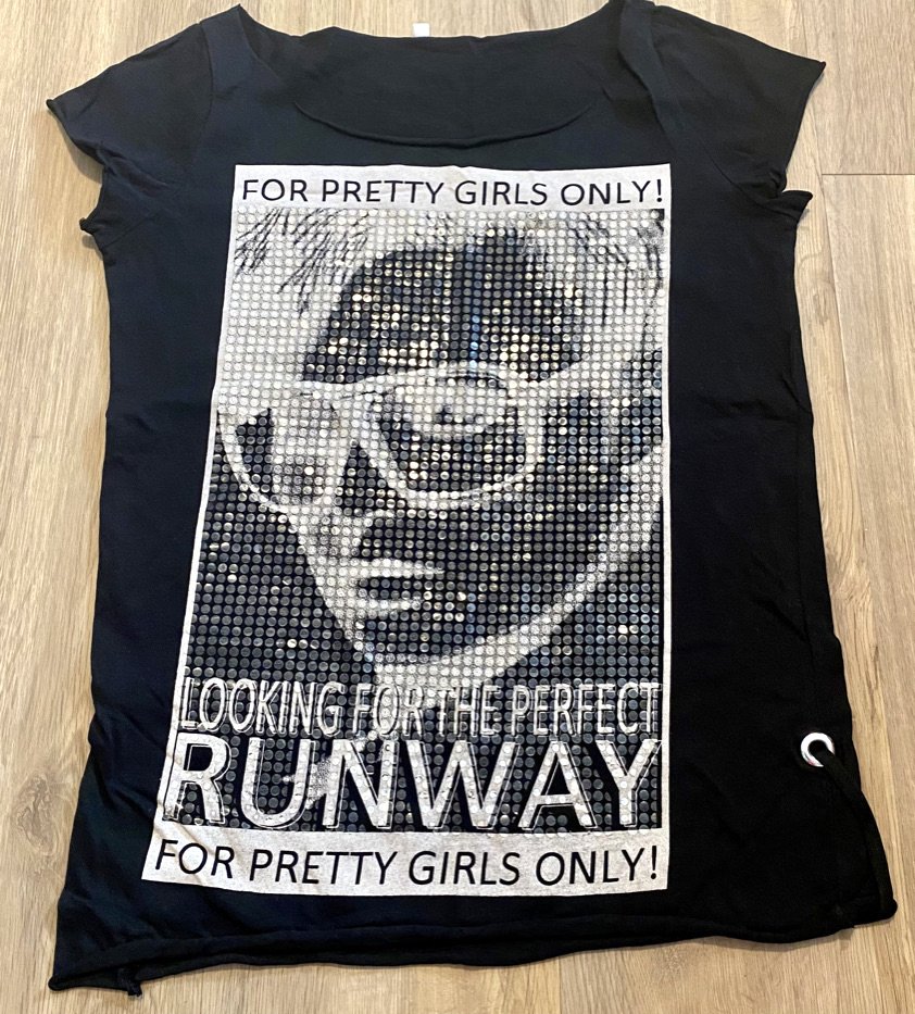 Damen Shirt Jersey mit Print & Pailletten Gr.S in Schwarz/Creme NW 