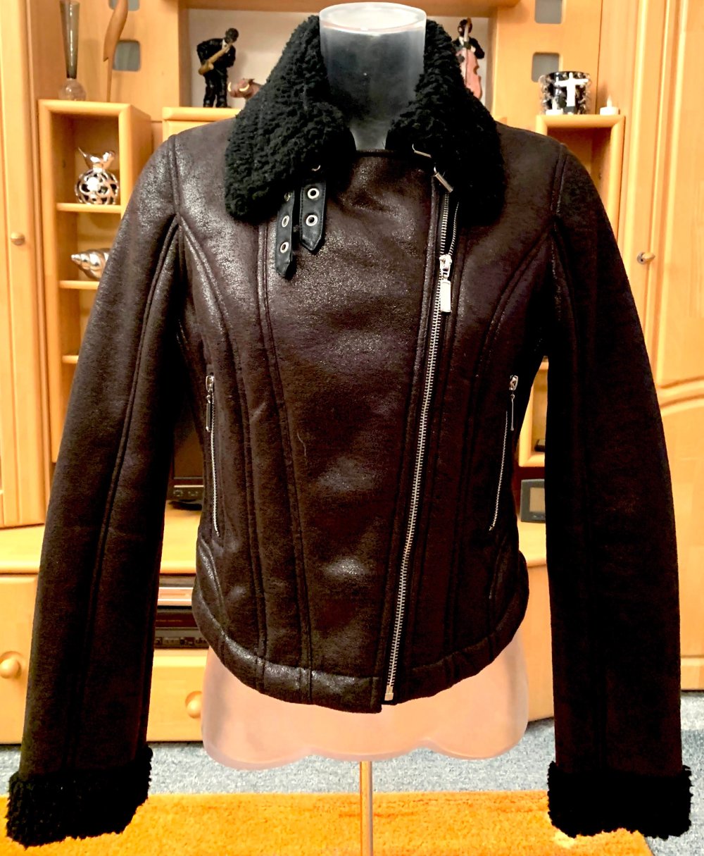 Damen Jacke Bikerjacke Lederimitat & Teddyfell Gr.S Schwarz NW 