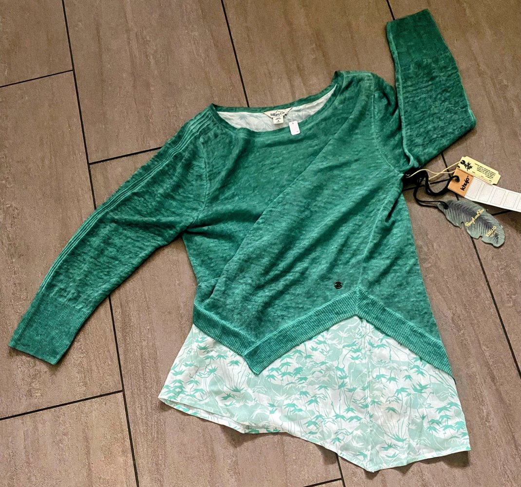 NEU Pullover Damen Leinen Lagenlook 2 in 1 Gr.S in Grün/Creme von Khujo 