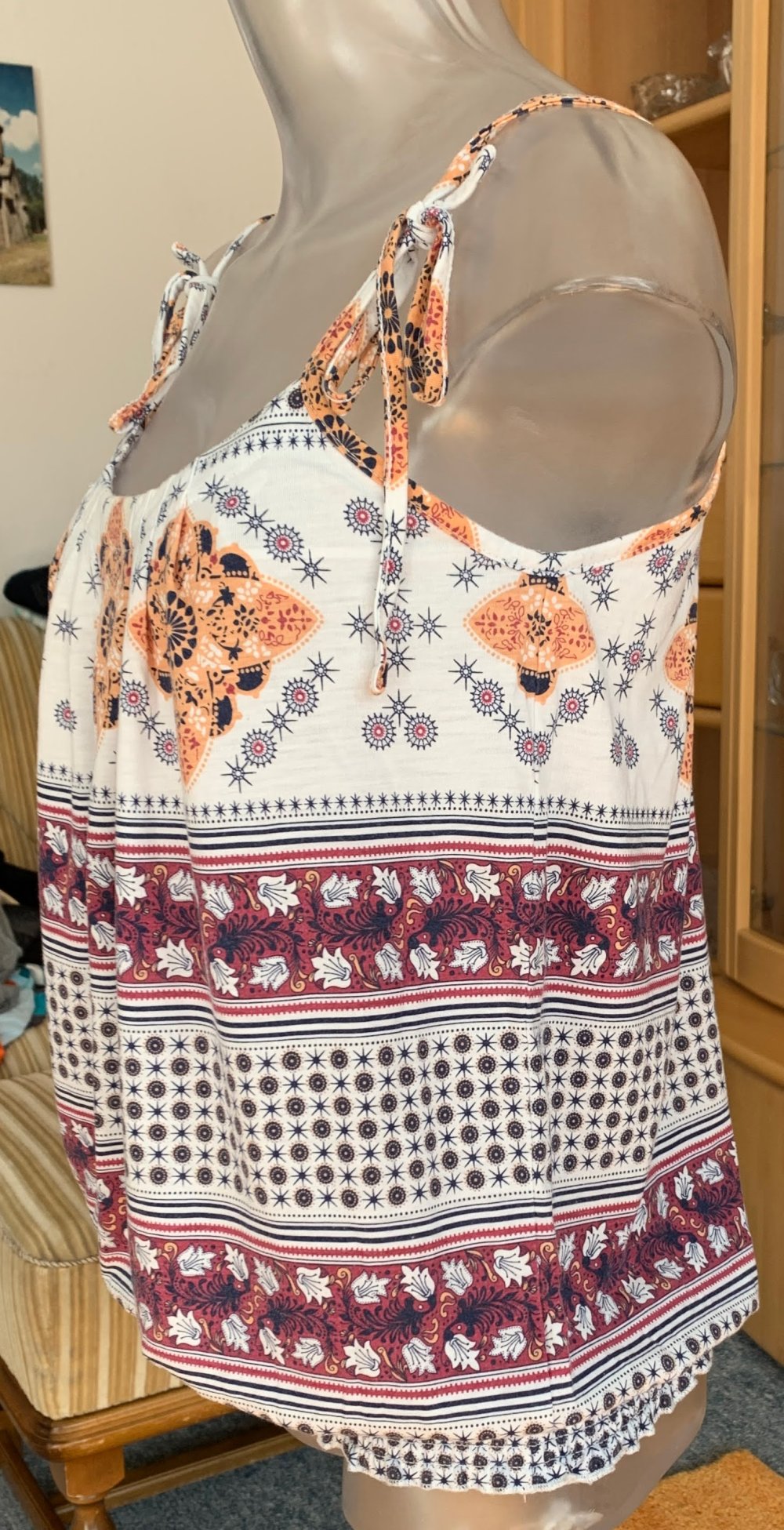Damen Shirt Sommer Top mit Trägern Gr.38 Bunt (Creme/Rot/Schwarz) Blind Date 