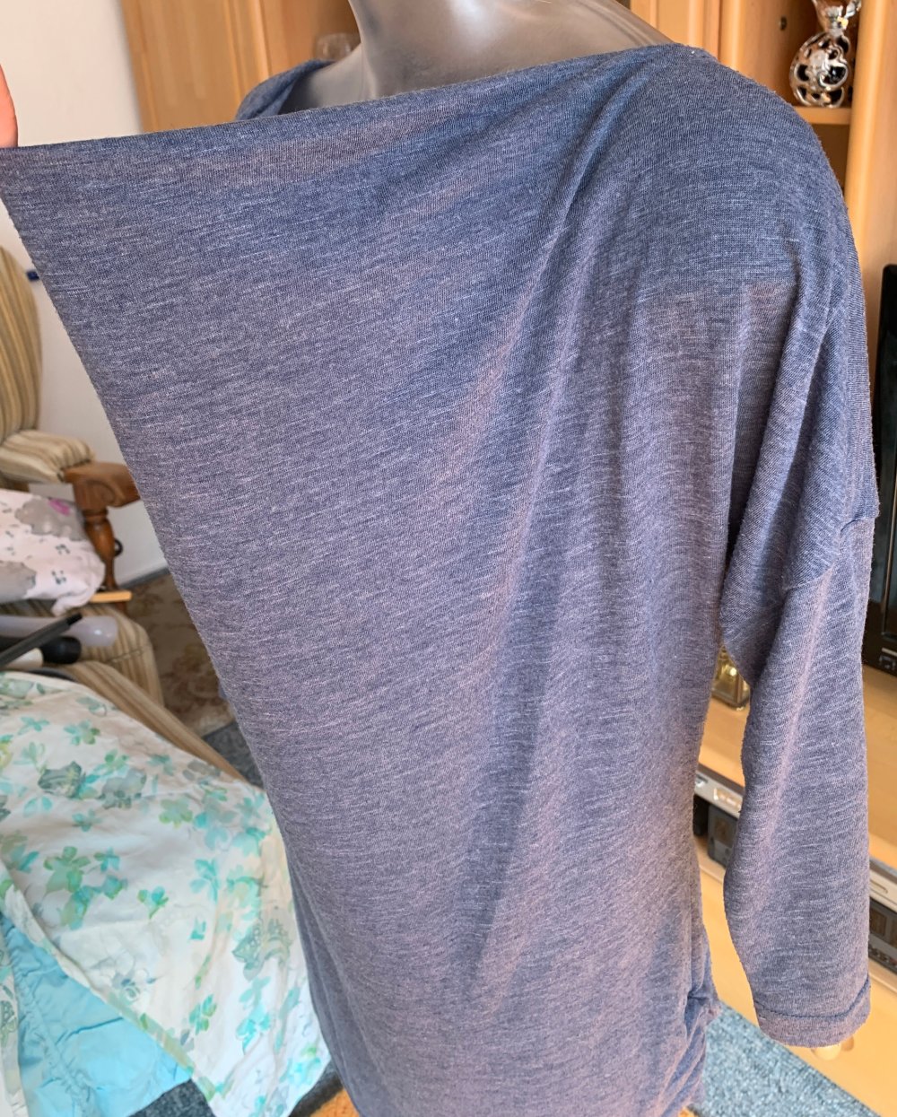 Damen Tunika Jersey Shirt Gr.M mit Wasserfallkragen & Fledermausärmeln Blaugrau von Fresh Made 