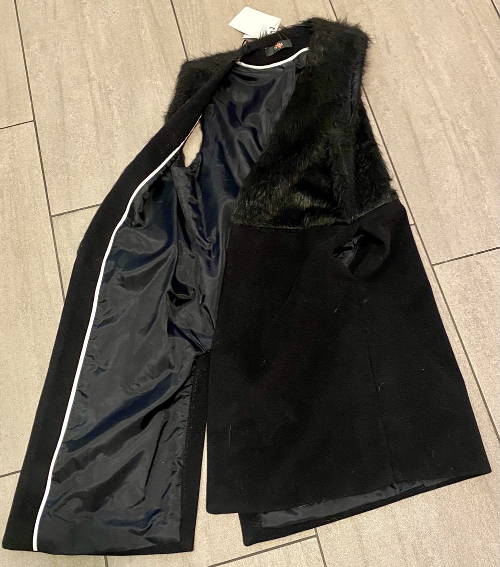 NEU Damen Mantel Elegante lange Damenweste mit Felloptik Gr.36 in Schwarz P.139,95€ 