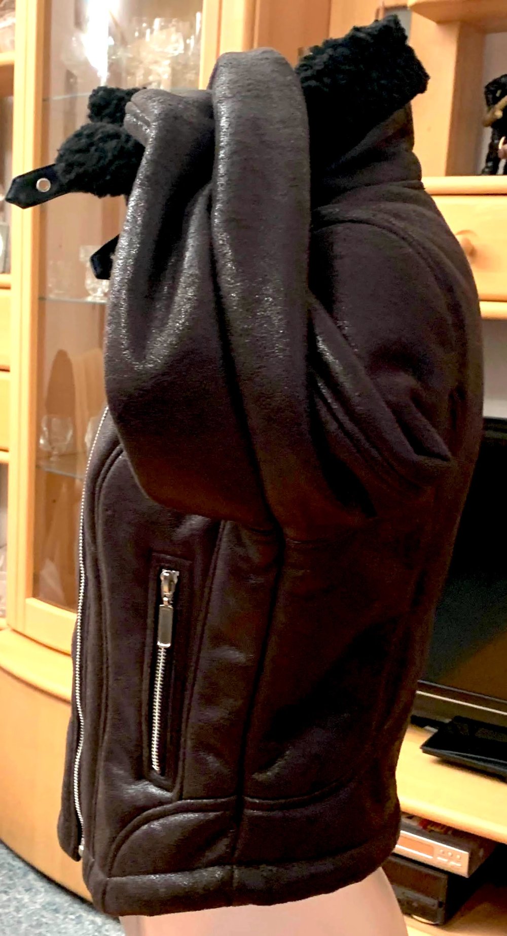 Damen Jacke Bikerjacke Lederimitat & Teddyfell Gr.S Schwarz NW