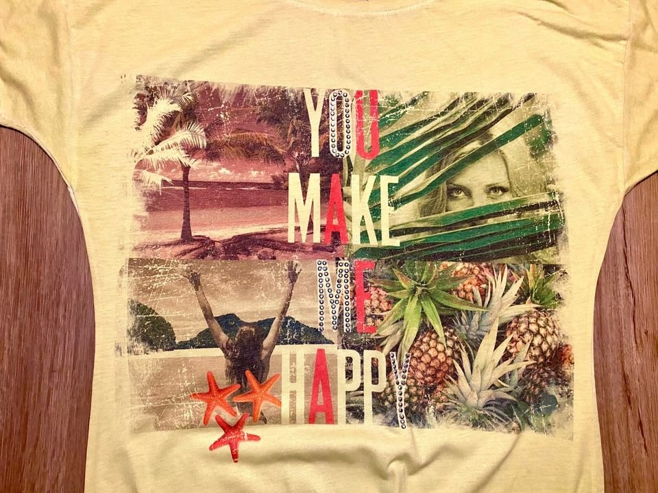 Damen Shirt mit Print & Glitzer Gr.S in Gelb von Blind Date mit Kimonoärmeln 