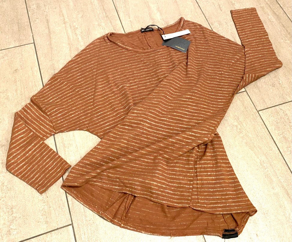 NEU Damen Pullover mit Fledermausärmeln Feinstrick Gr.S/M/L Schokobraun/Gold NEW Collection 