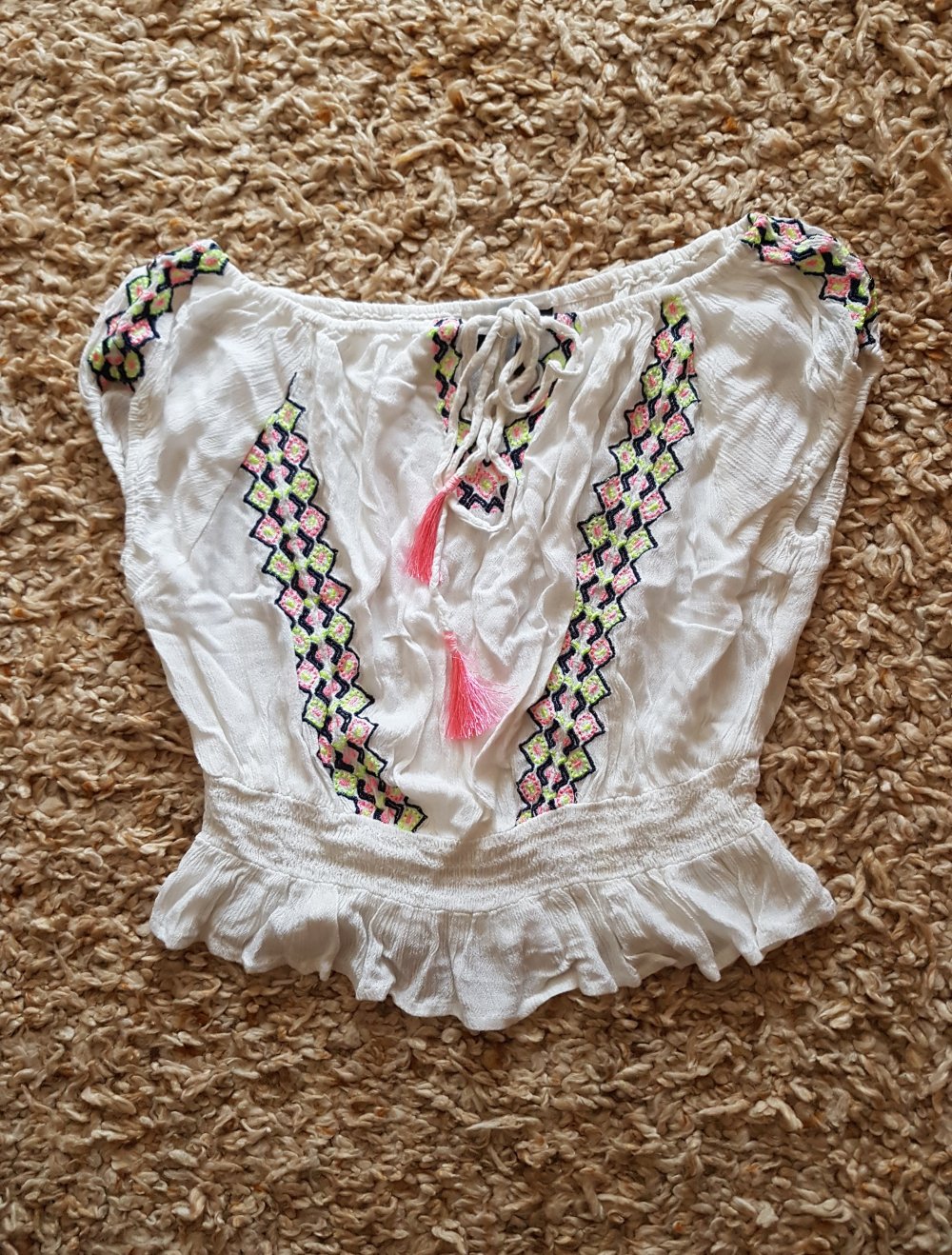 Weiße Boho Cropbluse mit Stickereien Gr.S