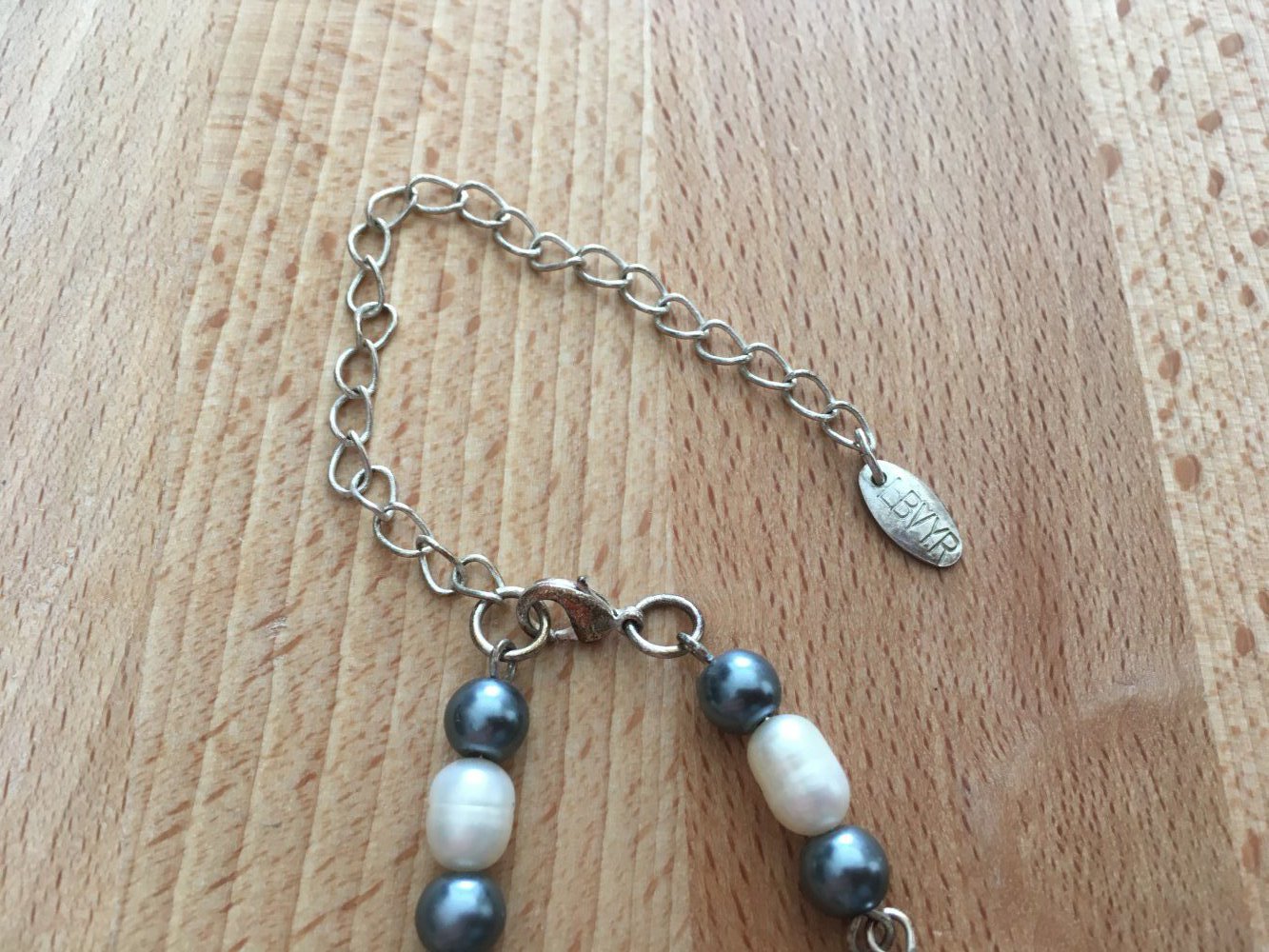 Halskette Perlenkette Metall, Echte Süßwasserperlen blau, weiß, silber