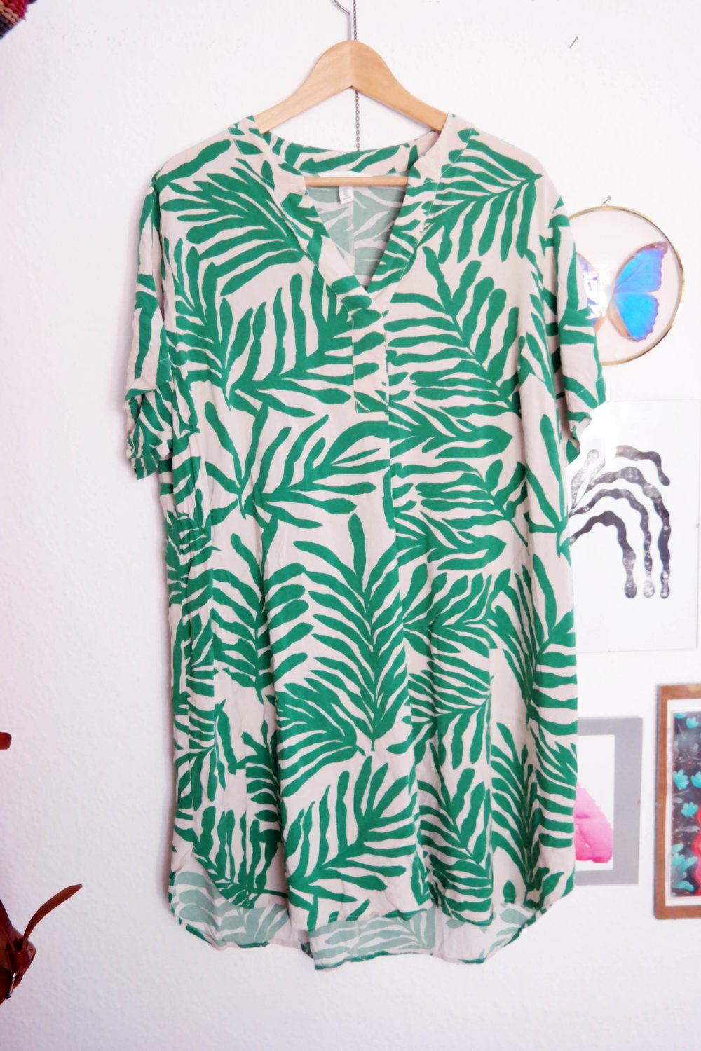 H&M Midikleid Tunika Kleid creme grün Blätter weiß Sommerkleid L 40