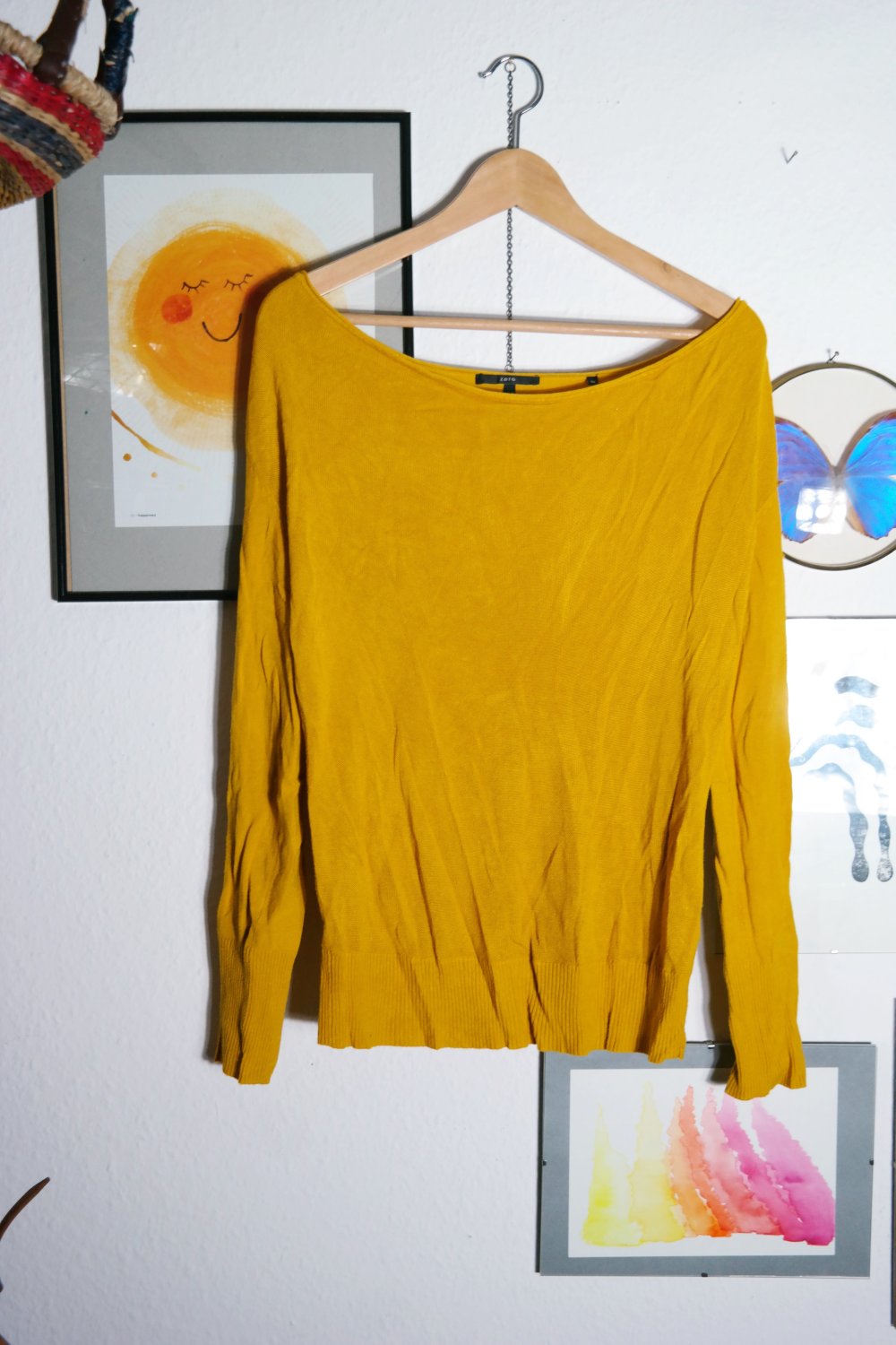 Zero Pullover Fiola Wasserfallausschnitt gelb weiter Ausschnitt 34 XS oversized M 38