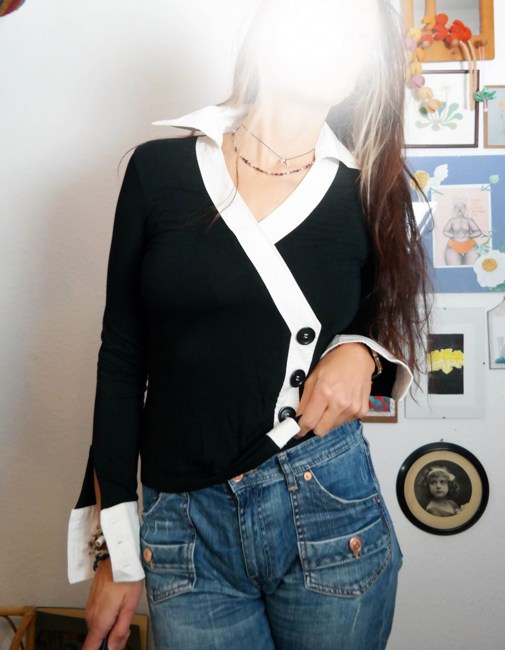 Blusenshirt Bluse Langarm Pullover chic preppy schwarz weiß V-Ausschnitt 38 M
