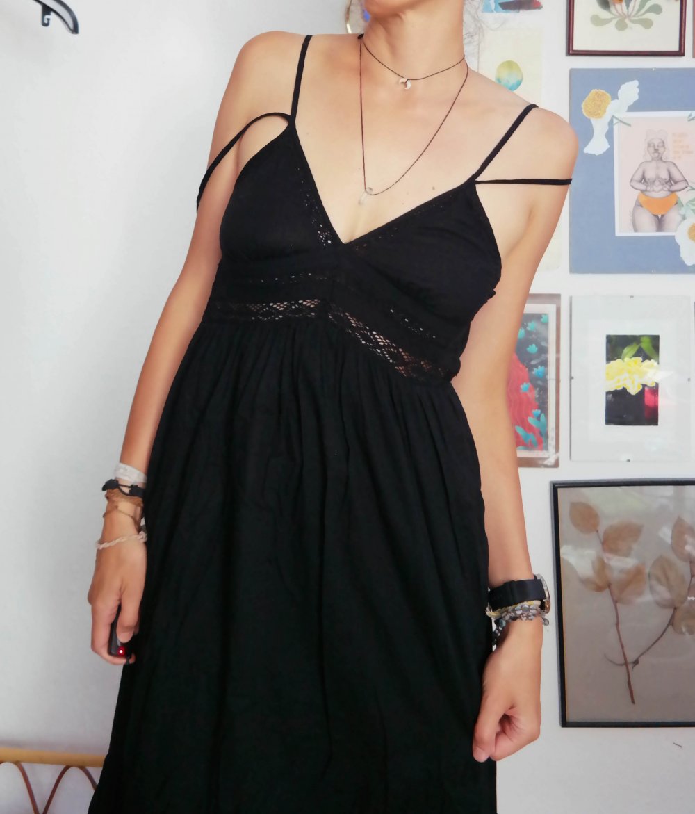 Zara Maxikleid Schwarz V-Ausschnitt Trägerkleid Häkelborte Hippie Ethno S XS 36 34