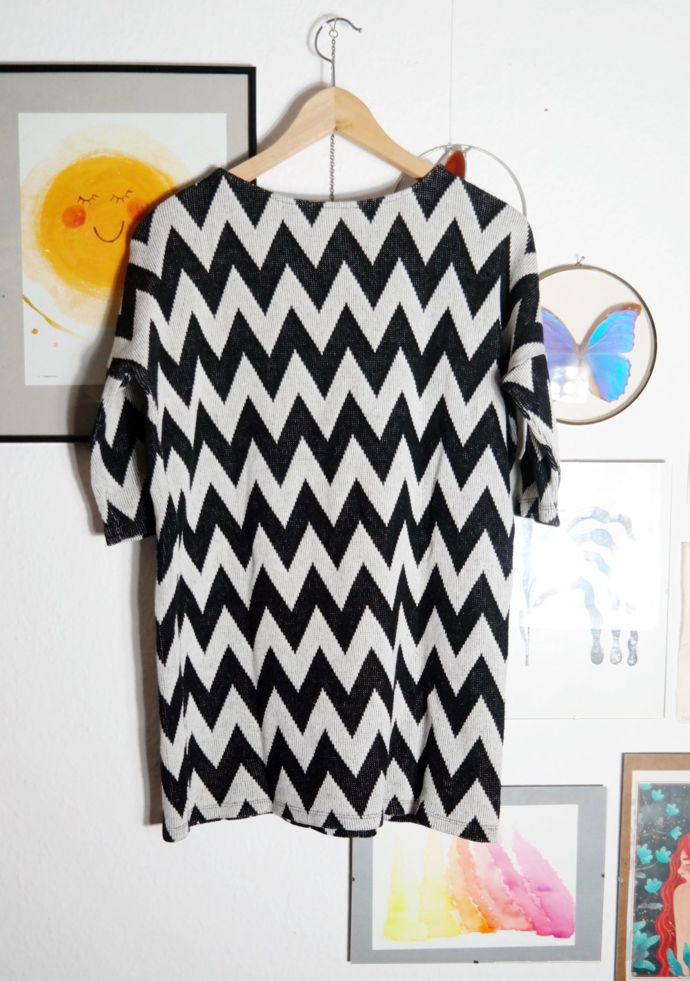 Longshirt schwarz weiß ZickZack Muster gemustert Tshirt L XL 40 42 Strickshirt