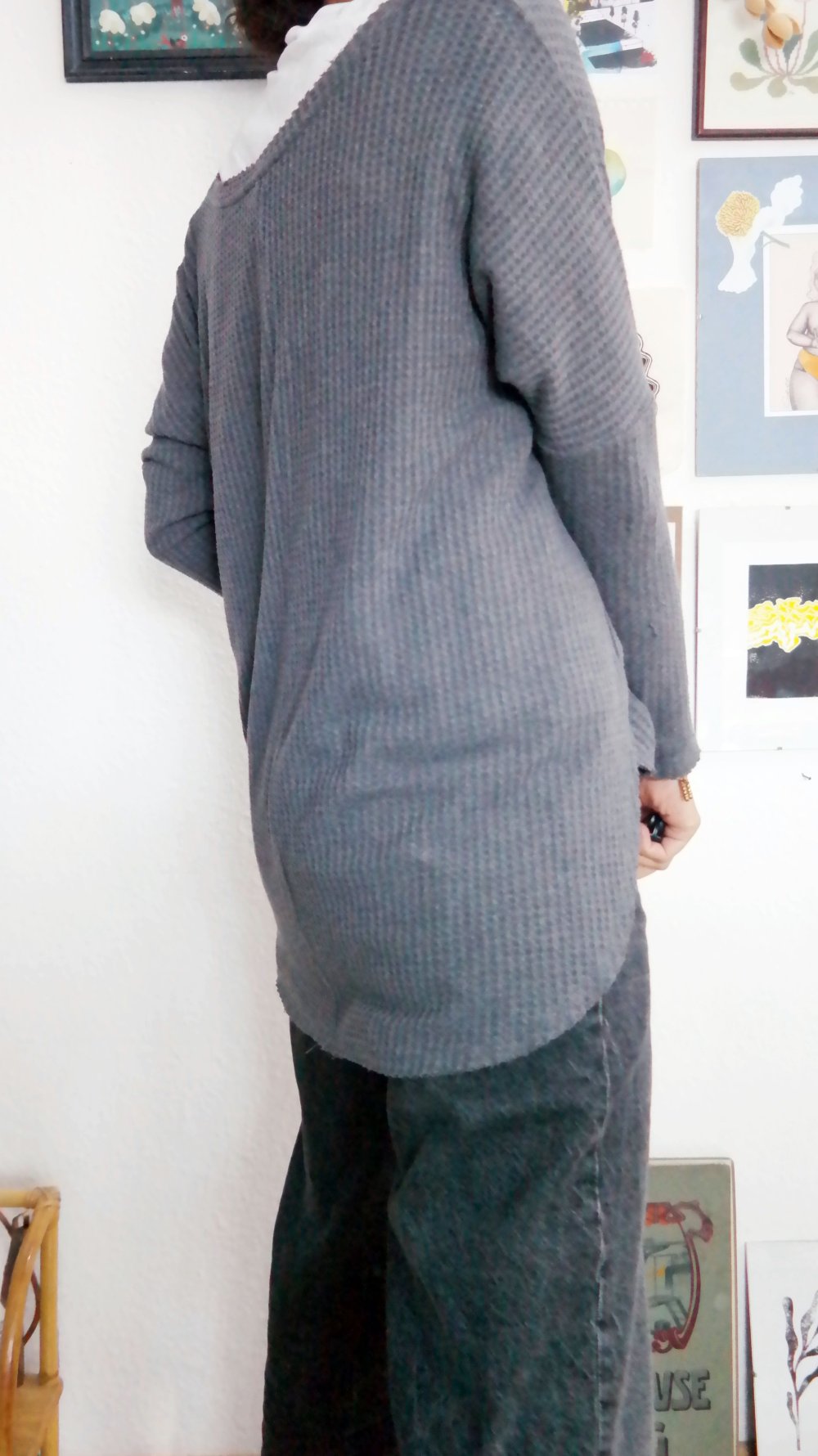 Longsleeve Langarmshirt grau oversized M L Waffelmuster Waffelstruktur 