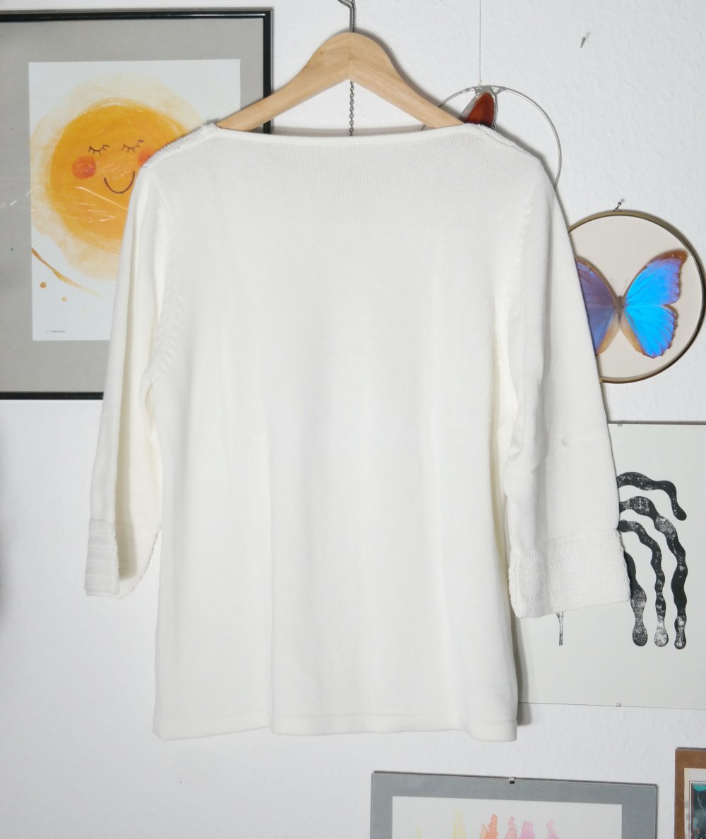 Strickpullover Applikation Blume Pullover weiß U-Boot Ausschnitt 44 XXL