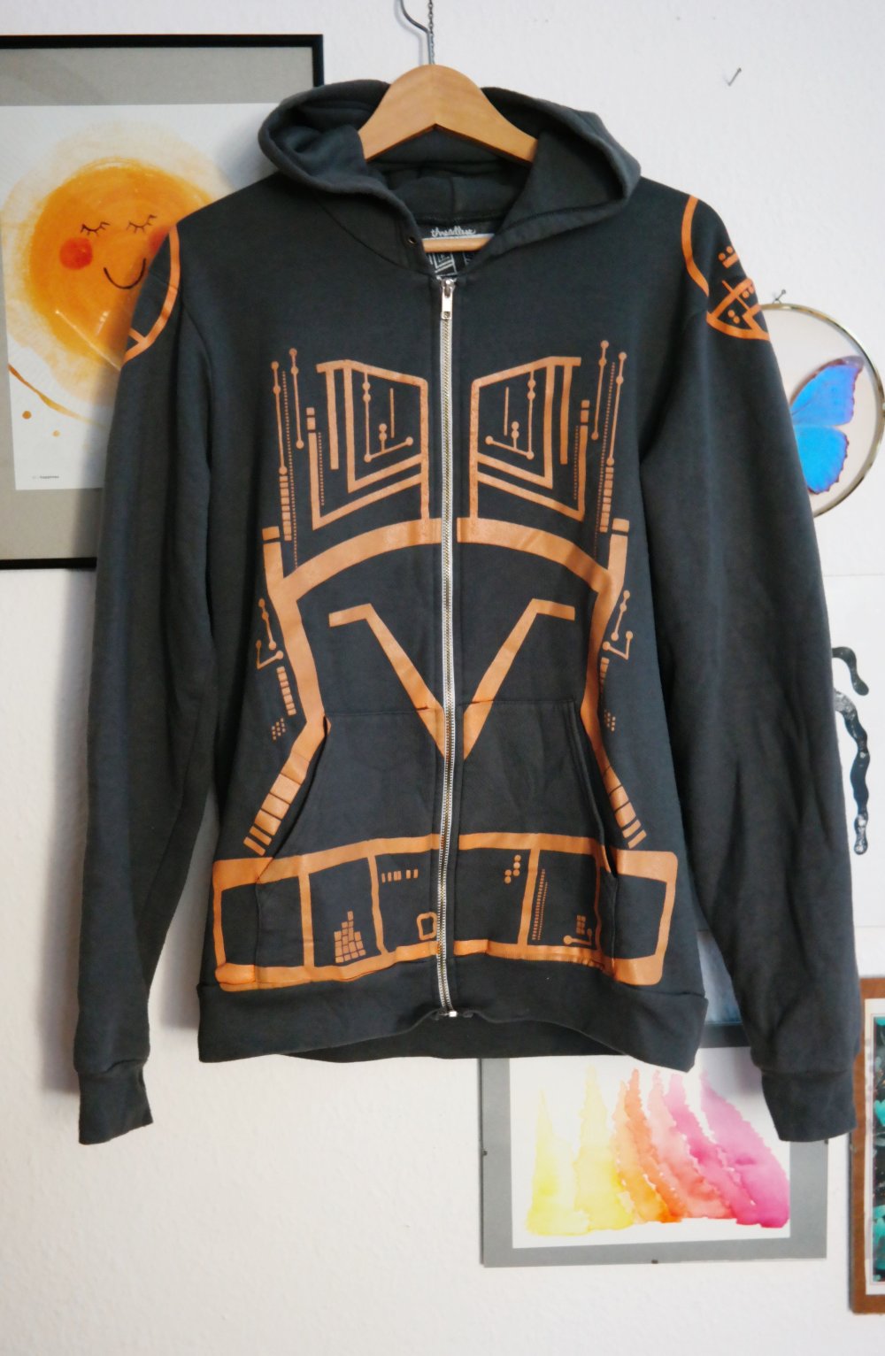 Threadless Techno Hoodie hoody Kapuzenpullover grau Elektro Rave Fluoreszierend L