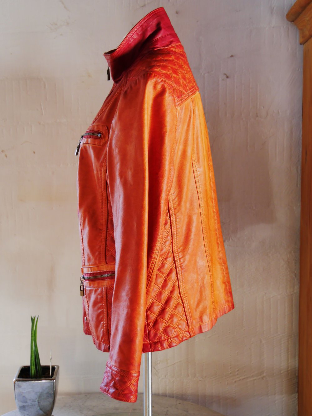 Bexleys Woman Jacke Leder Look orange rostbraun Nieten Bikerjacke 42 XL