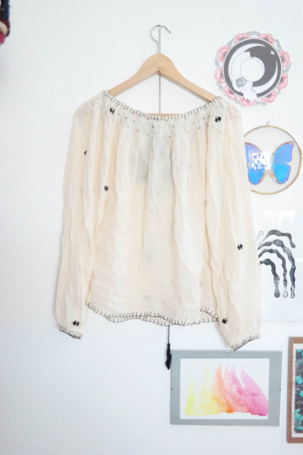 Hippie Bluse bestickt Stickerei creme schwarz Ethno Folklore Langarm XS S M 36 38 40