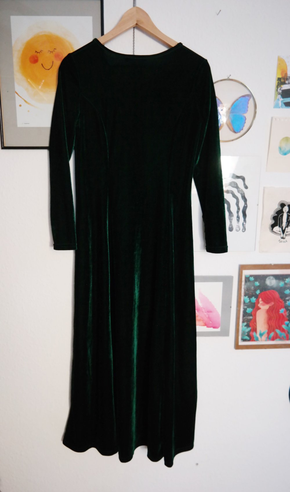Samtkleid dunkelgrün schimmernd weich Maxikleid Langarm M / 38 grün Hippie Elfe wald 