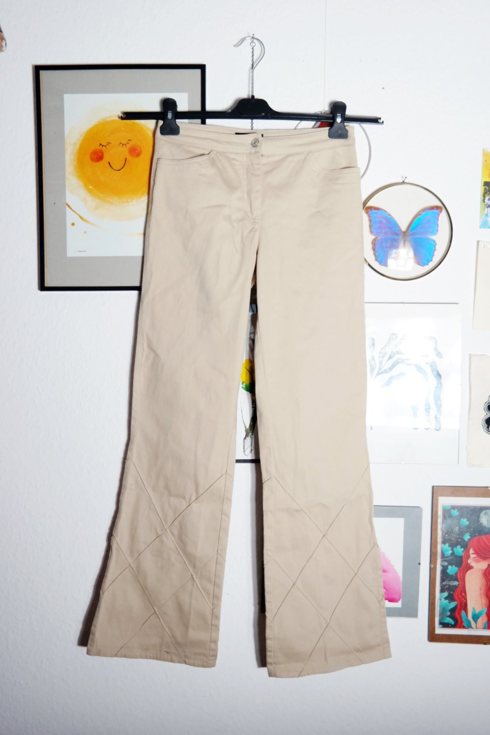 Vintage 90er Hose Schlaghose 00er Y2K beige Verzierungen High Waist S / 36 M 38