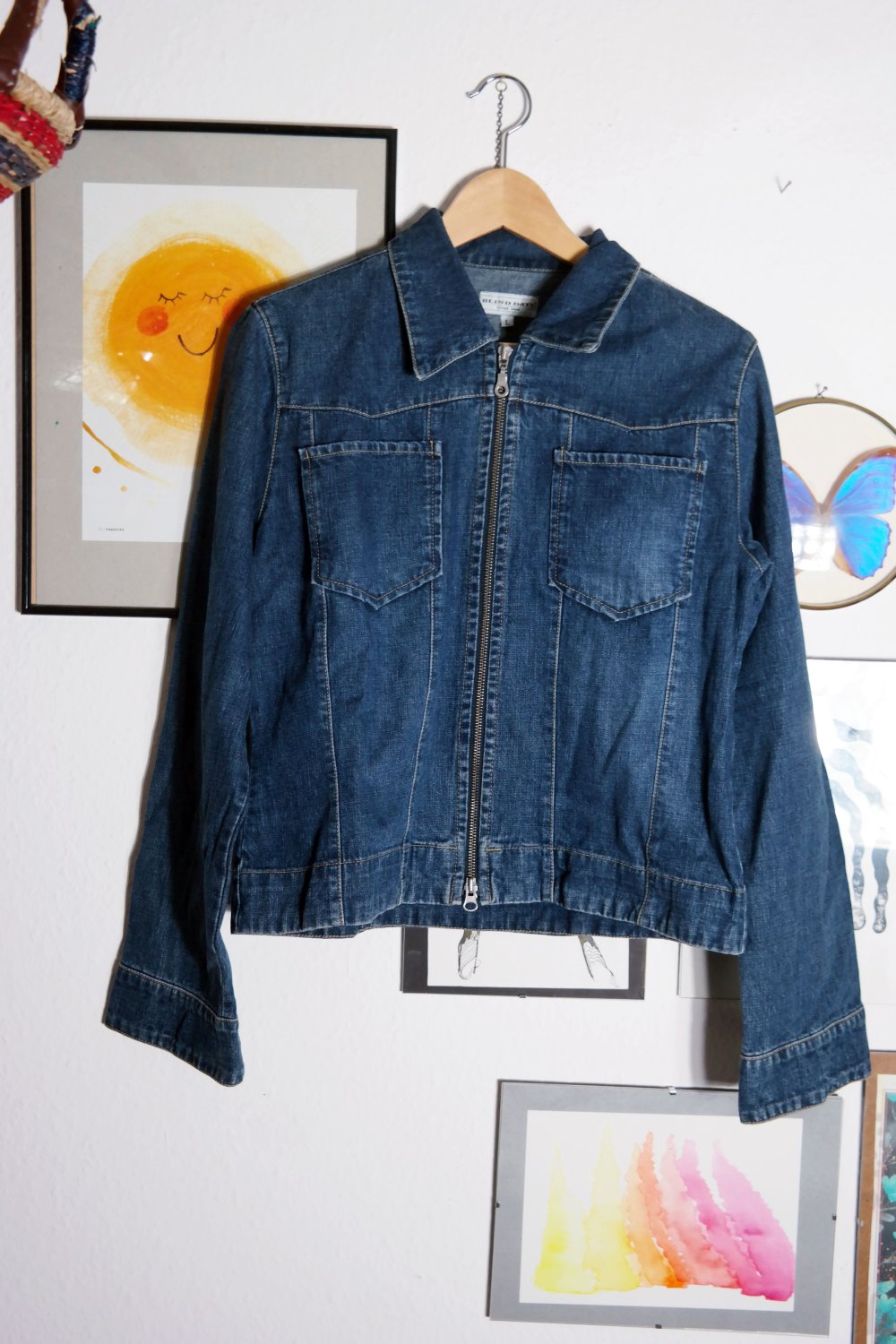 Vintage Blind Date Jeansjacke L 40 Reißverschluss dunkelblau 90er 00er Y2K