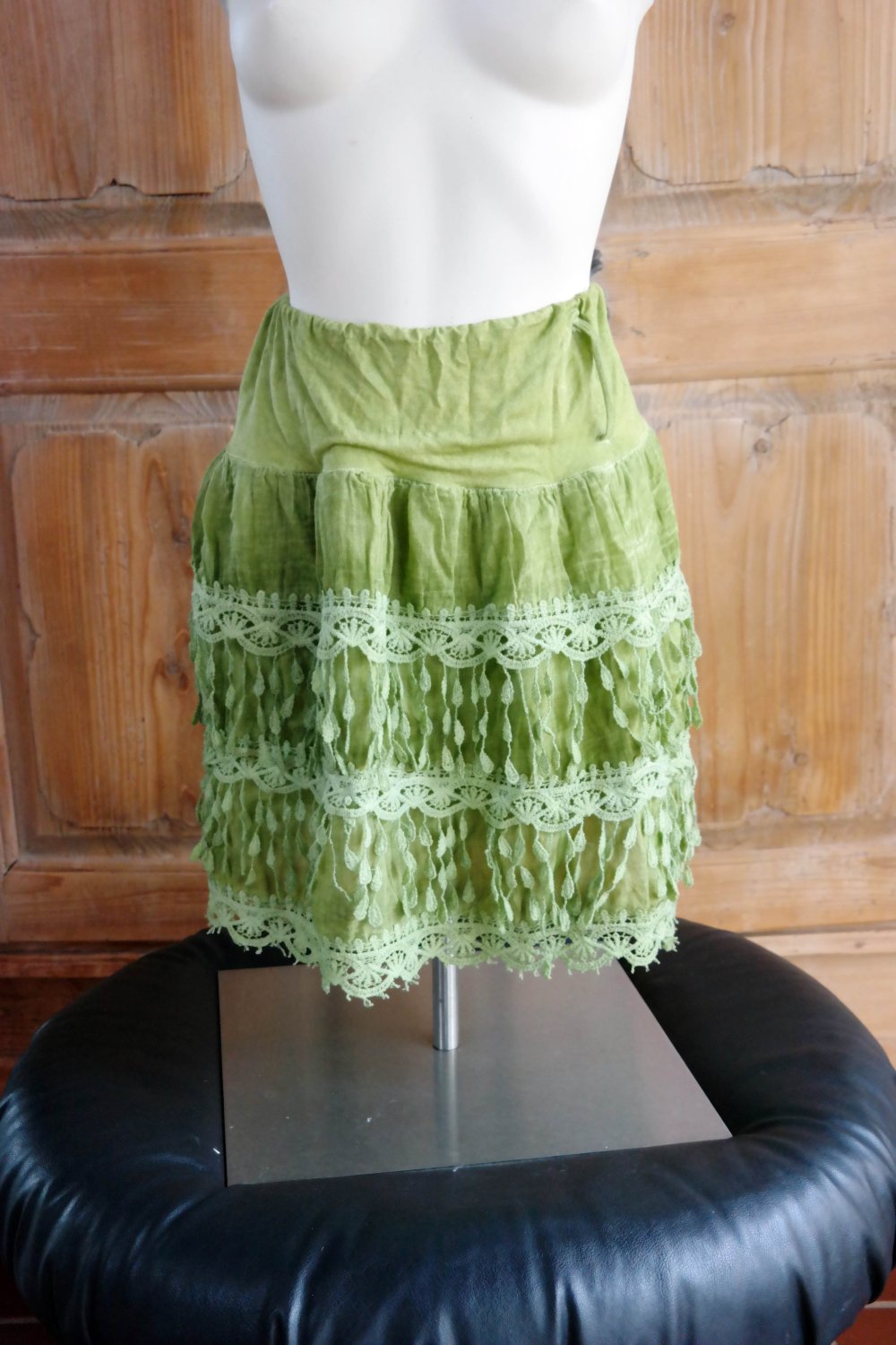 Minirock grün Fransen Hippie Borte hellgrün Stretch S M 36 38 Bündchen