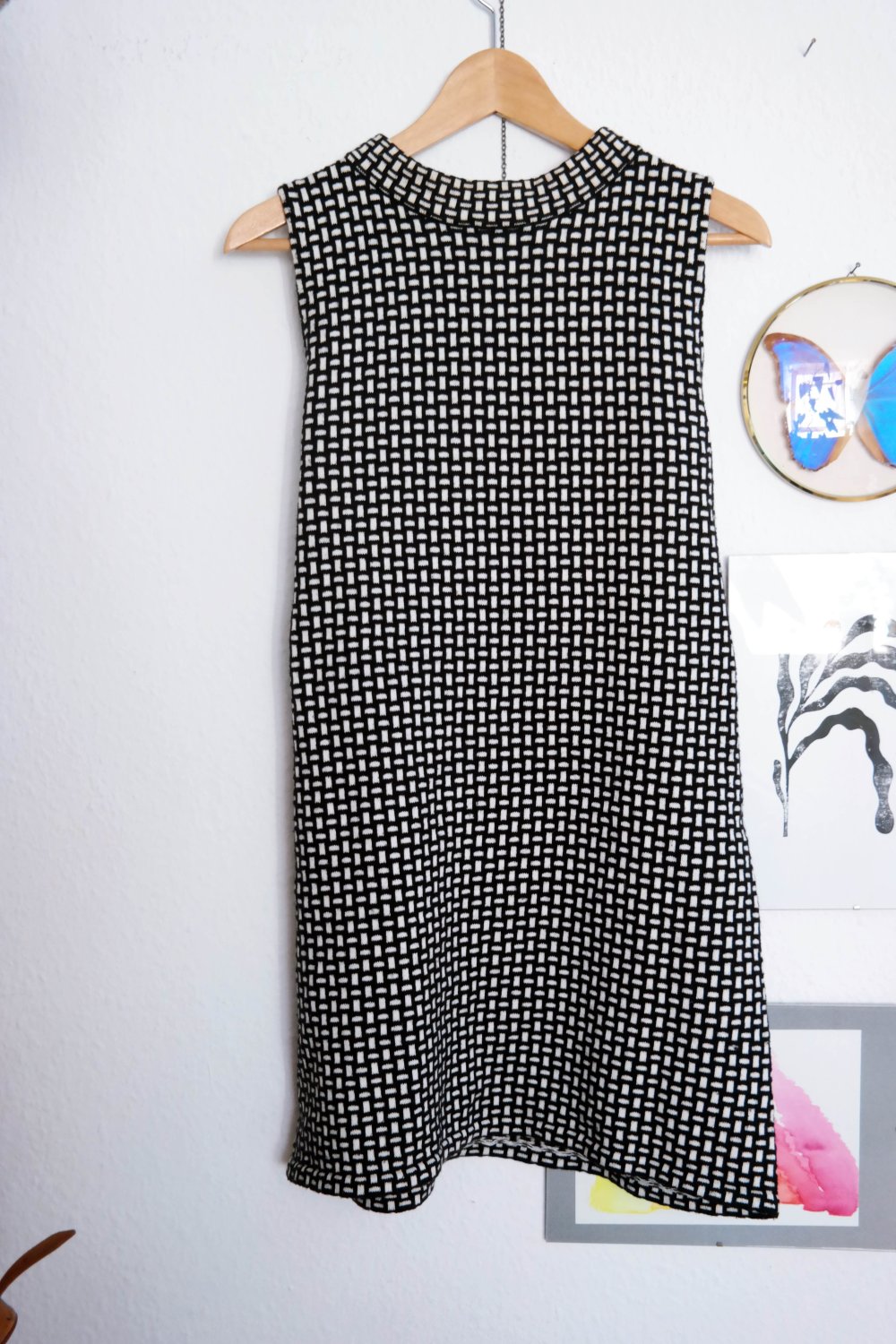 Zara Strickkleid Knit L 40 schwarz Weis Muster Karo kariert Turtleneck Wolle 60er Twiggy