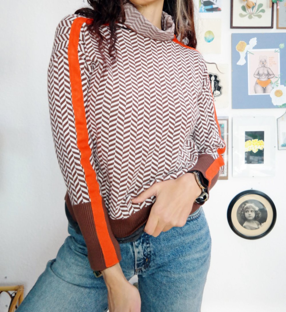 Rollkragenpullover gemustert braun orange Strickpullover Streifen Ärmel M L 38 40 ZickZack