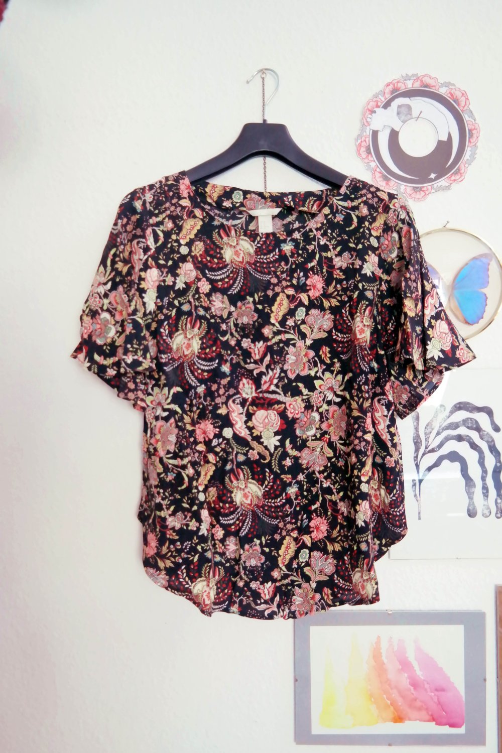 H&M Bluse Kurzarm Floral bunt schwarz Paisley Flügelärmel 40 L