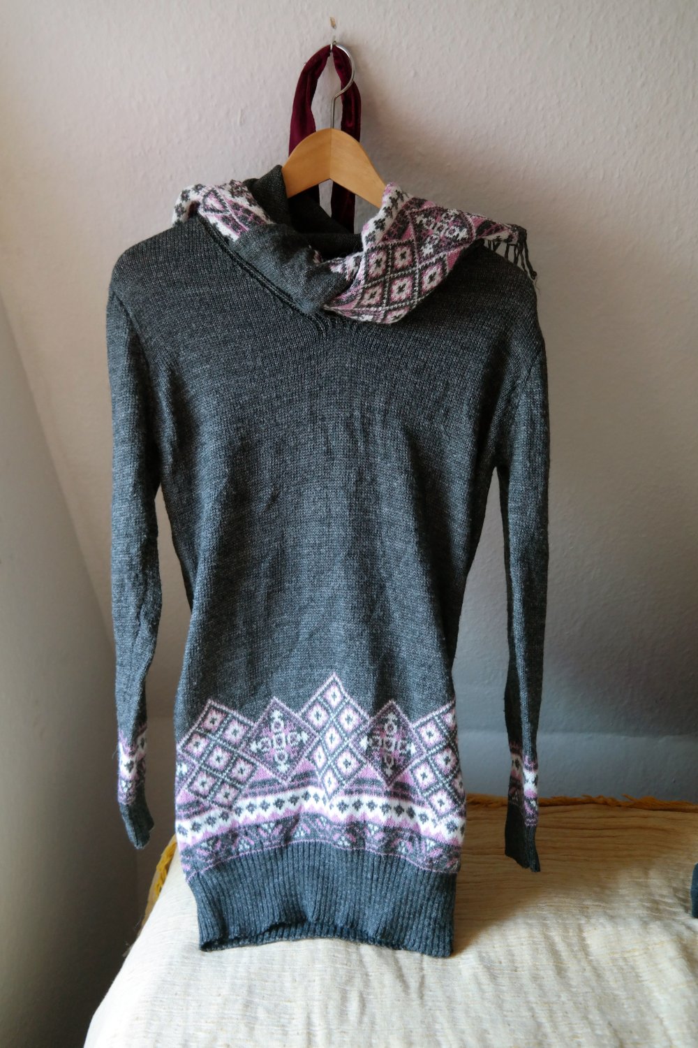 Pullover Strickpullover Wolle Kragen Schal Schalkragen Wollpullover Unikat M 38 grau bunt